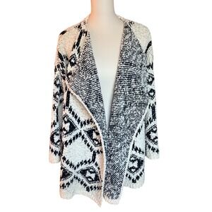 POL Black White Geometric Tribal Popcorn Knit Open Front Cardigan Sweater Size S